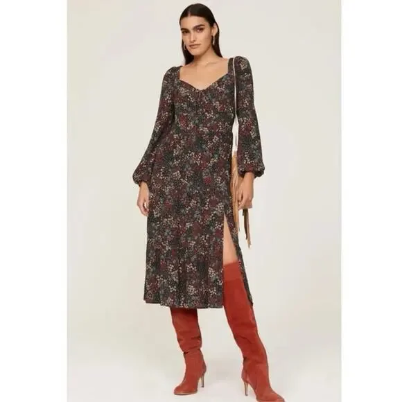 paige long sleeve floral midi dress Paige Puff Sleeve Tiered Midi Dress